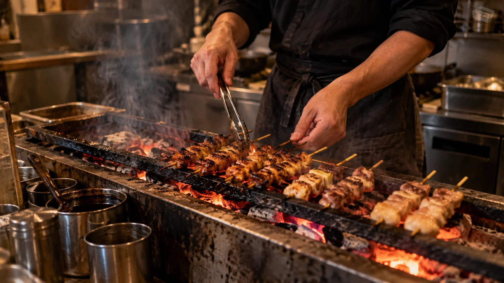 炭火の上で焼き上がる料理と立ち上る煙