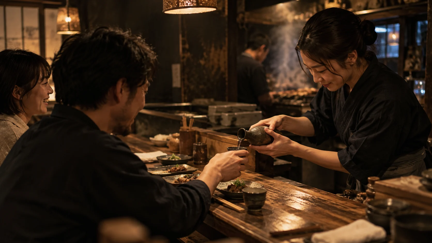 木のカウンターで日本酒を注ぎ、お客様を迎える酒場のひととき
