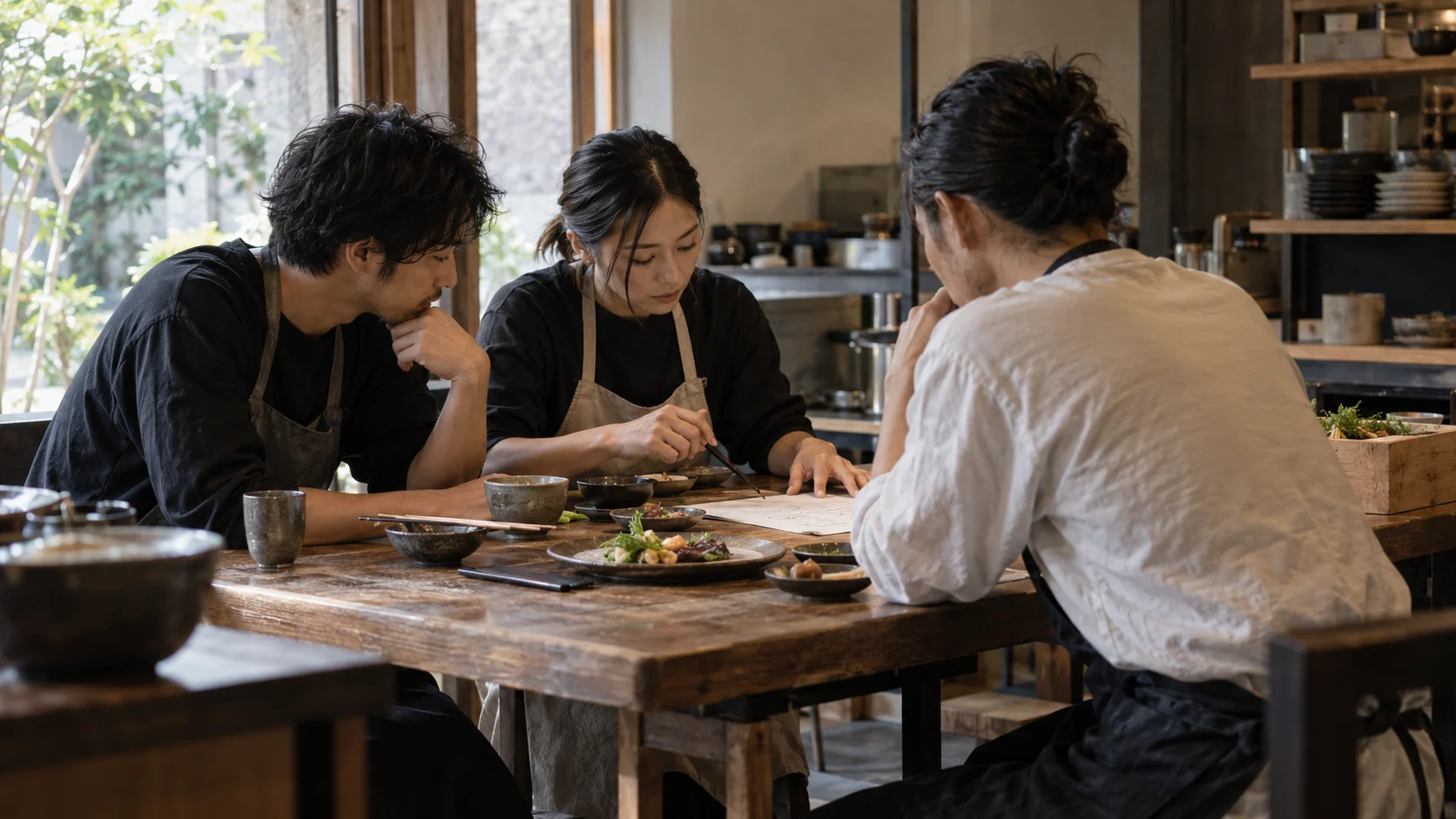 開店前のテーブルで、料理を試食しながらメニューを相談するスタッフ