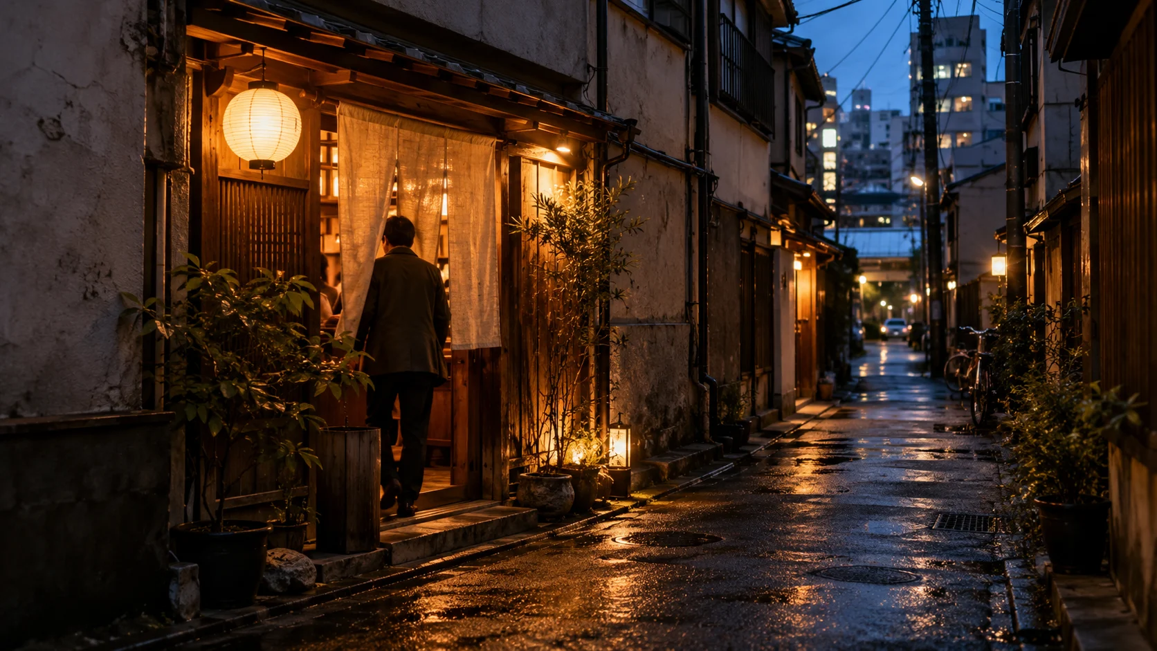 夕暮れの路地、暖かい光が漏れる店へ向かう人