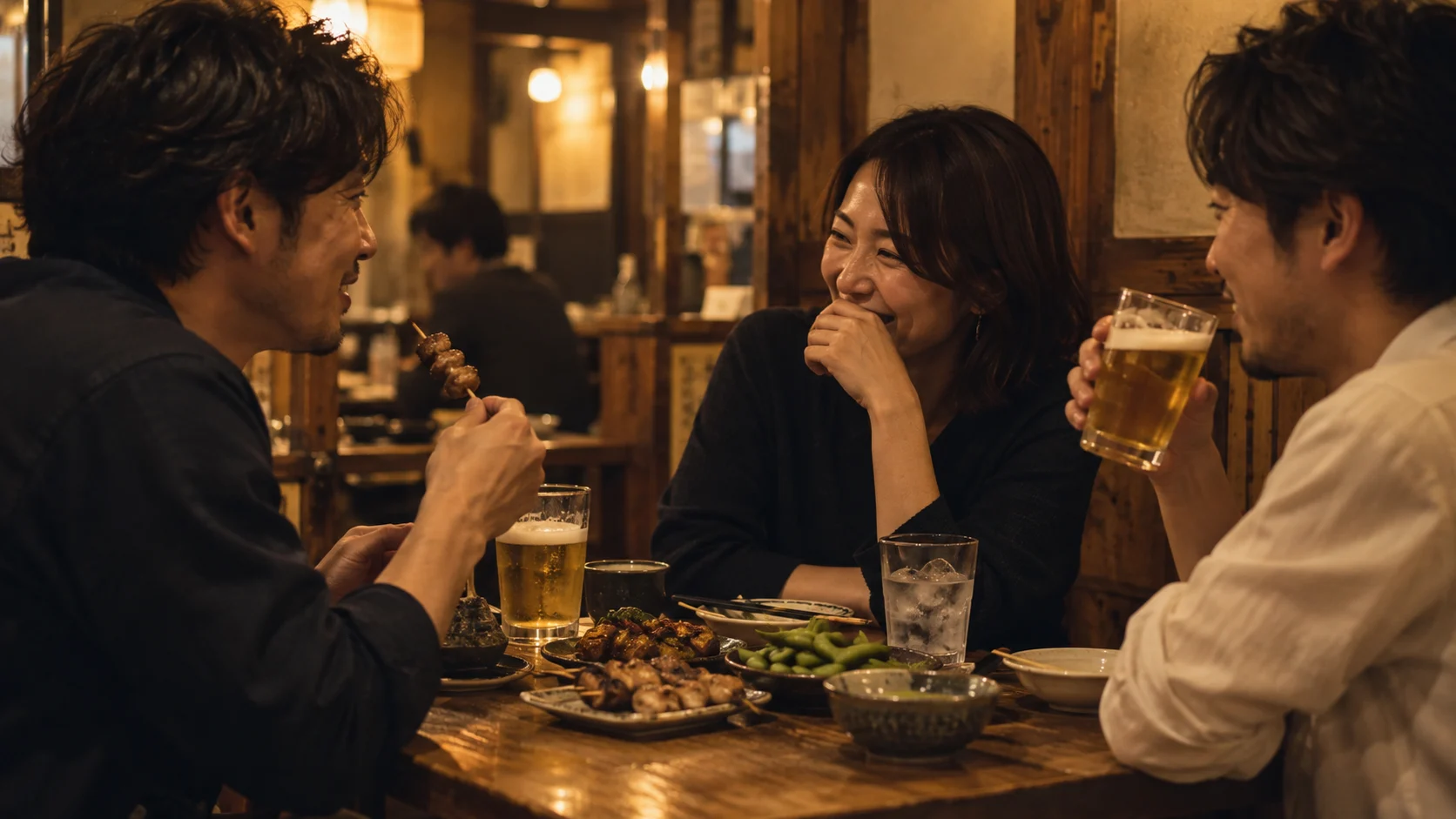 料理とグラスを囲み、会話を楽しむ人たち
