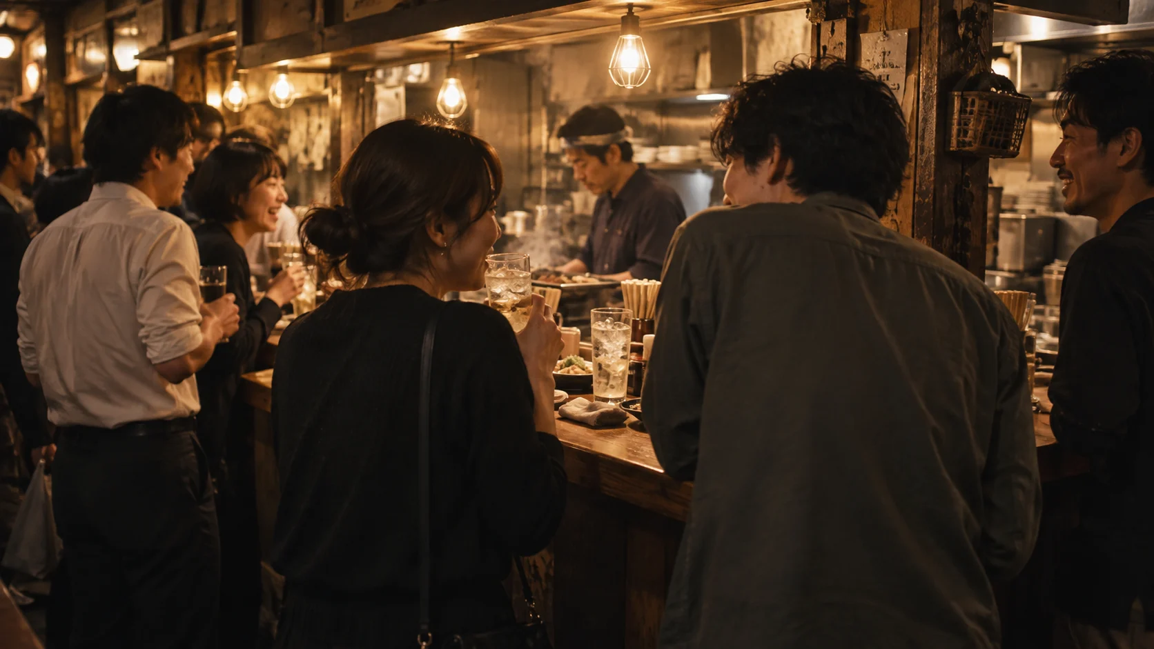 仕事帰りの人たちがハイボールを楽しむ気軽な立ち飲み酒場